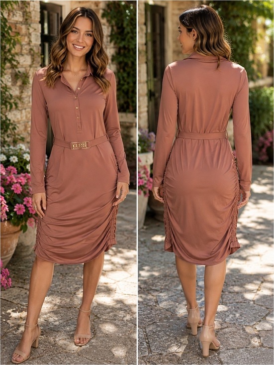 Guess Dresses & Skirts - Guess Dusty Rose Long Sleeve Ruched Midi Dress Women’s